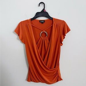 Vintage 90s Byer California Draped V-Neck Short Sleeve Top Orange Boho Festival
